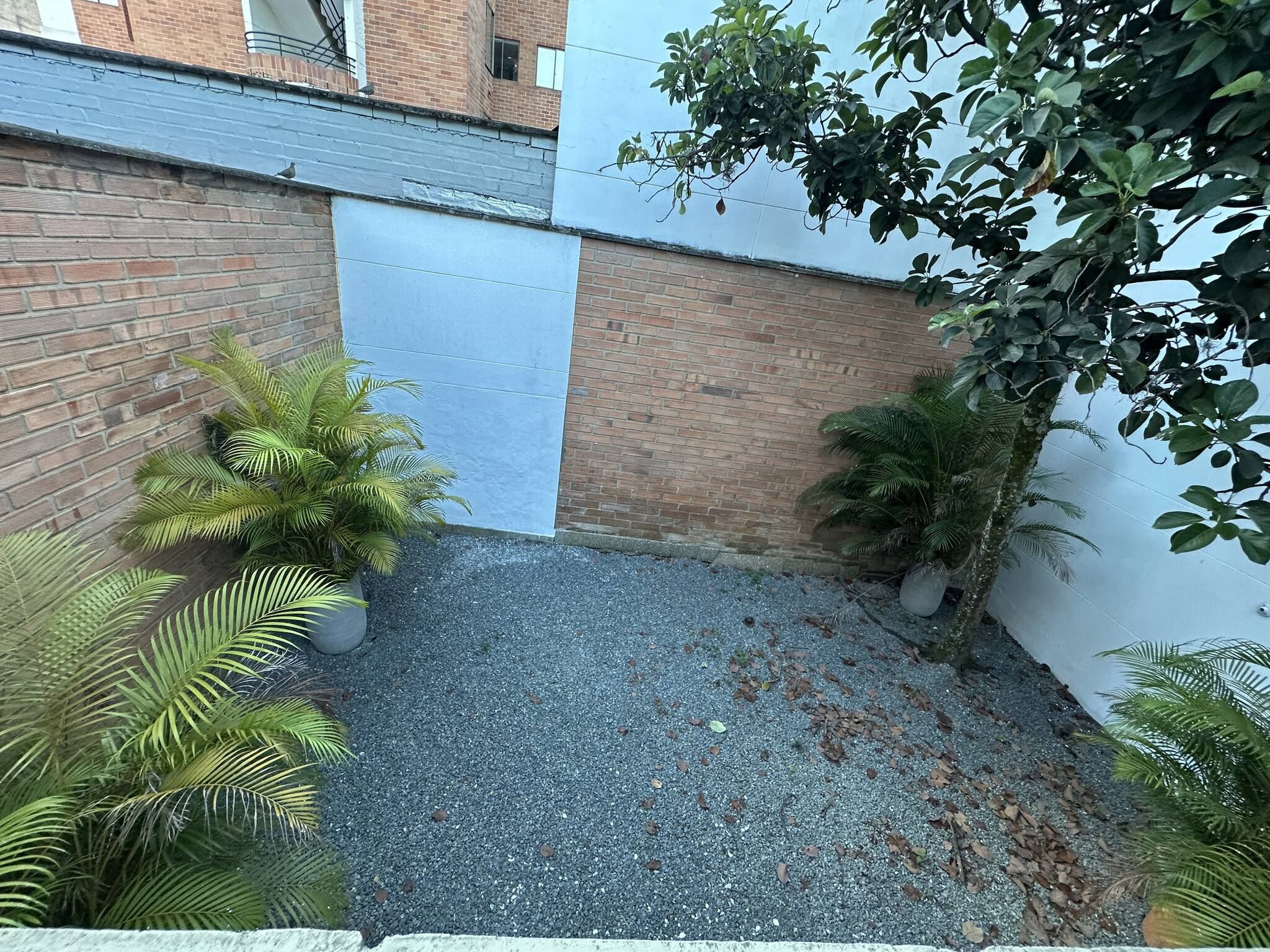 A narrow alleyway with a gravel path, brick walls, and potted plants.