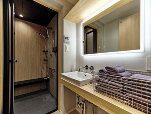 Shower, hair dryer, bidet, towels