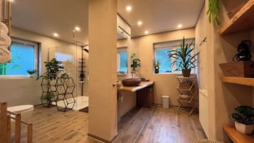 Shower, hair dryer, towels, soap