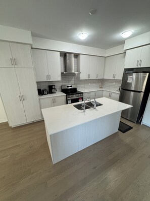 A modern kitchen with white cabinetry, a central island with a sink, a stainless steel refrigerator, and a built-in oven. - 5 minutes away from Hwy 401/Easily accessible to Toronto/close to Heber down  (Whitby)