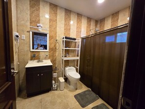 Shower, hair dryer, towels, soap