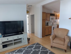 A living room with a TV, a sofa, a patterned rug, and a kitchen area with wooden cabinets and appliances. - Incredible 3-bedroom house WITH BOAT DOCK on Rehoboth Bay (Millsboro)
