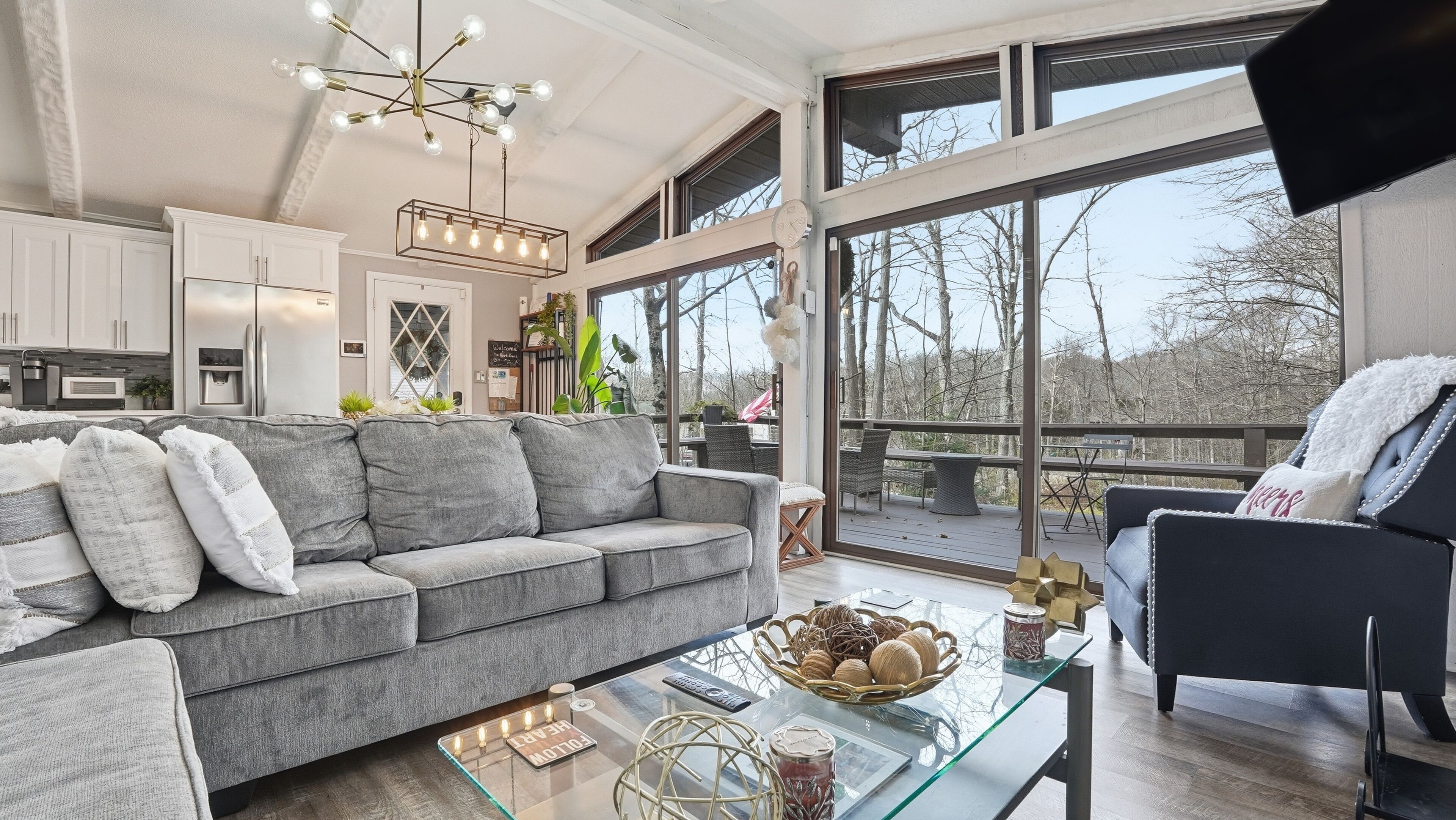 Smart TV, fireplace, books