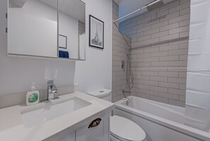 Hair dryer, towels, toilet paper