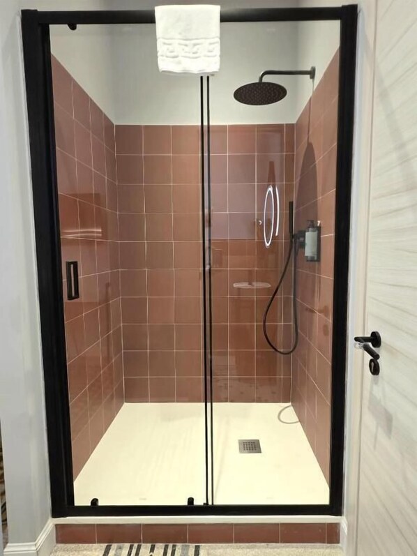 A glass-enclosed shower stall with a handheld showerhead and a wall-mounted faucet. - VICTORIA SUITES (Rome)