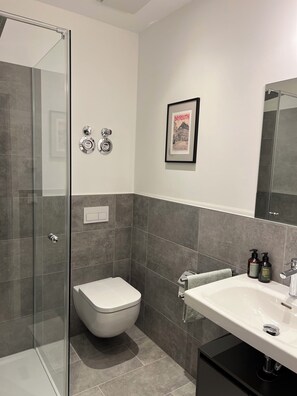 Een moderne badkamer met een douchecabine van glas, een toilet, een wastafel met toiletartikelen en een ingelijst kunstwerk aan de muur.