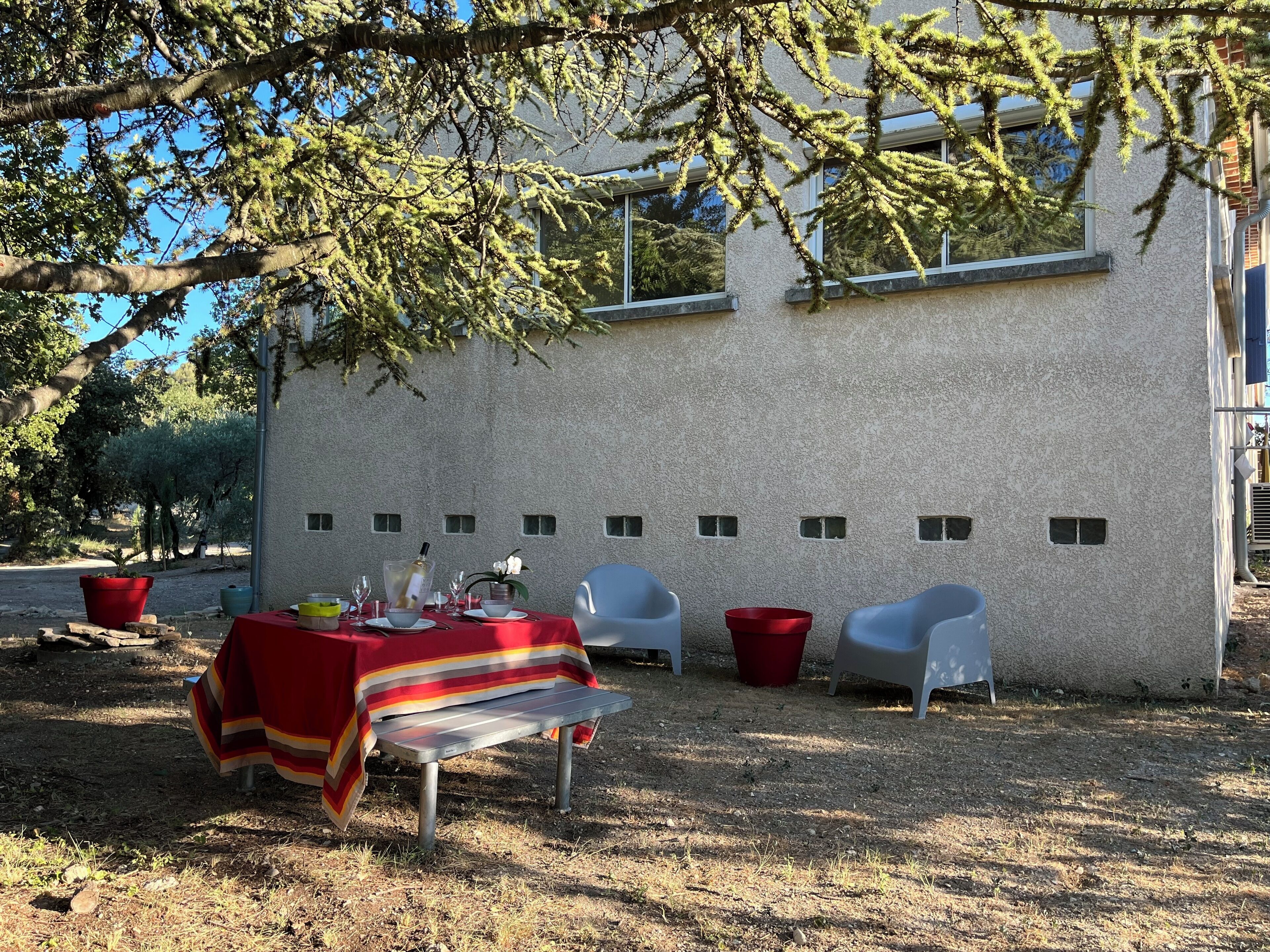 An outdoor dining area with a table set for two, surrounded by chairs, under a tree.