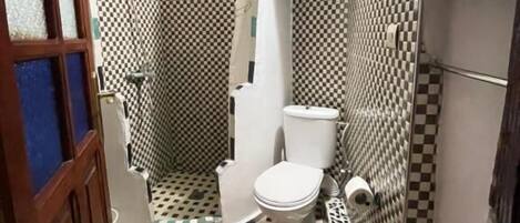 Un baño pequeño con inodoro, ducha y lavamanos.