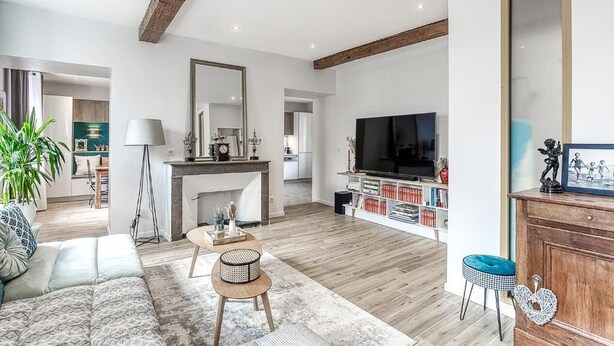 A modern living room with a fireplace, a television, and a bookshelf. - La demeure de Gab  (Trévoux)