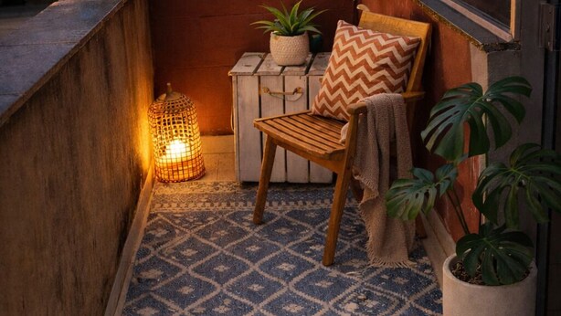 A cozy balcony with a wooden chair, a patterned rug, and potted plants.