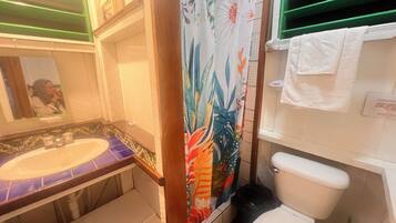 Een badkamer met een wastafel, toilet en douchegordijn.