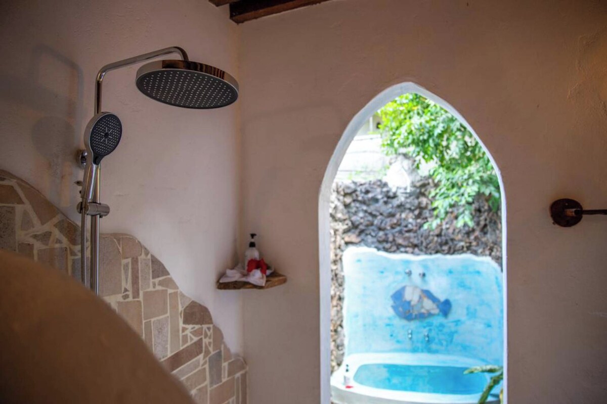 Une salle de bain avec une douche, un porte-serviettes et une vue sur une piscine, visible à travers une porte en arc de cercle.