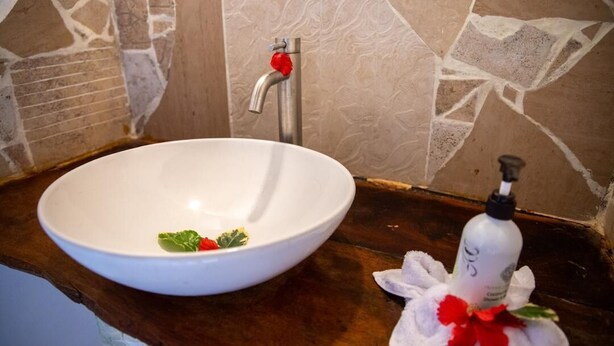 A bathroom with a white ceramic sink, a modern faucet, and a bottle of hand soap on the counter. - Veridiana Hotel (Kizimkazi)
