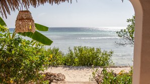 Un sendero de concreto que lleva a una playa con una estructura de techo de paja y abundante vegetación.