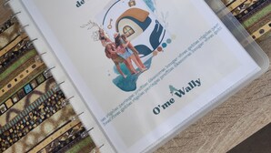 A book titled "O'me Wally" with a cover illustration of a house and people, placed on a patterned fabric. - A sunny interlude (Galargues)