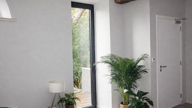 Une chambre moderne dotée d’une grande porte-fenêtre coulissante donnant sur un balcon, d’une porte blanche et de deux plantes en pot.