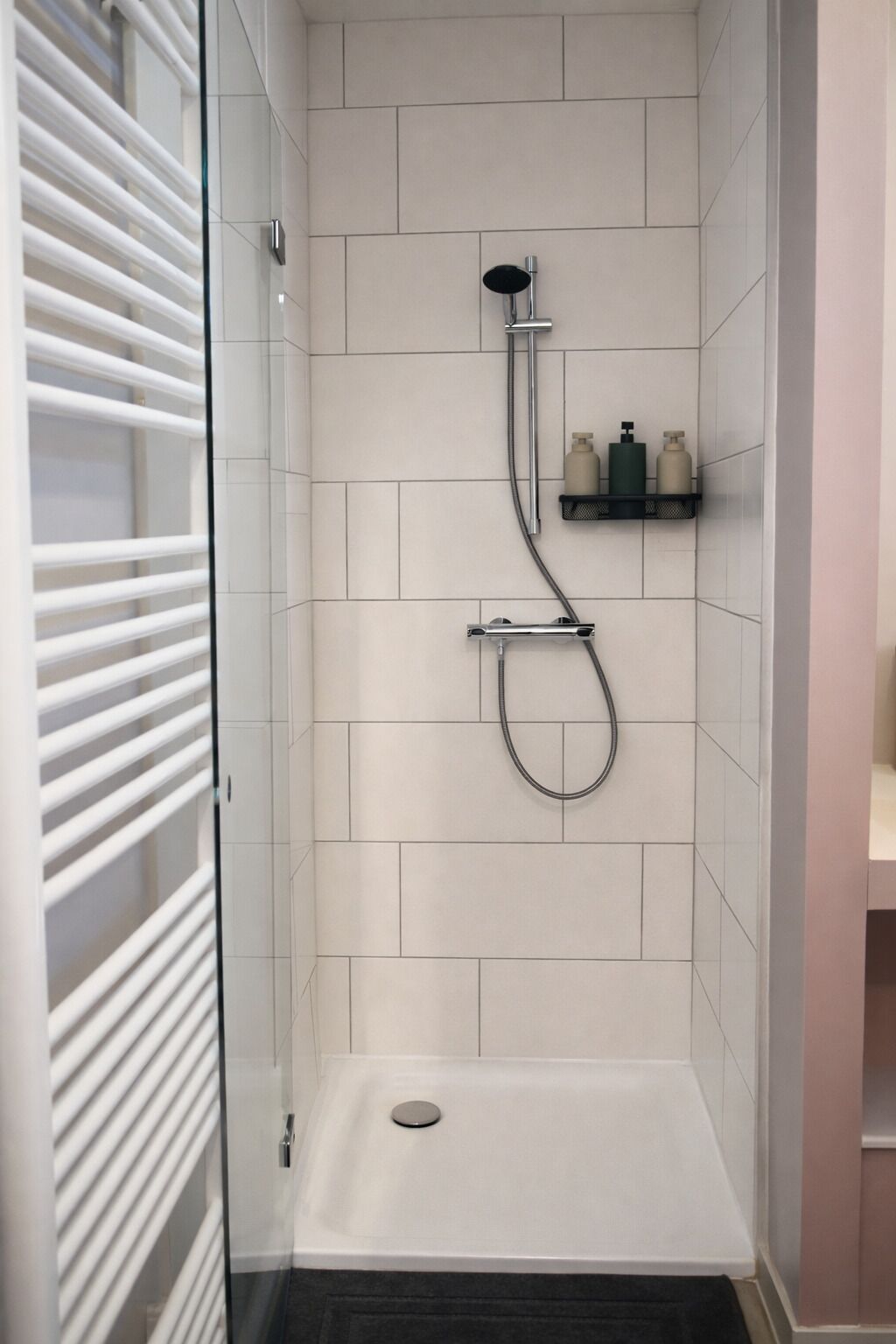 Chuveiro, secador de cabelo, toalhas de banho, sabonete