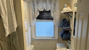 A small bathroom with a toilet, sink, and window with lace curtains. There are shelves with folded towels and a shower curtain with a bamboo pattern.