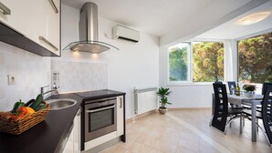 A modern kitchen with a built-in oven, a stainless steel range hood, and a window overlooking a garden. - Villa with private pool, terrace and garden with fireplace (Nerezisca)
