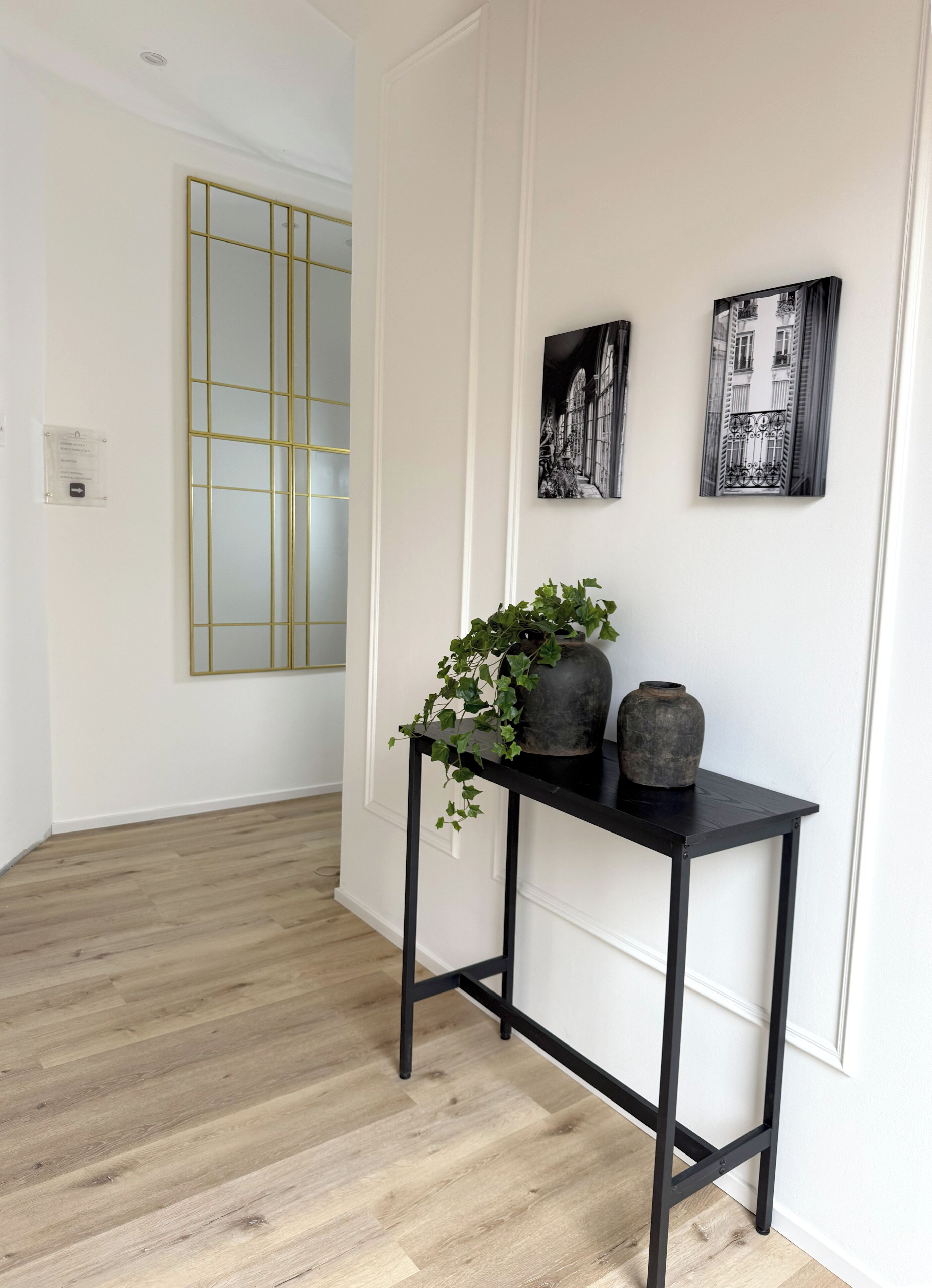 A hallway with a black console table, a potted plant, and two framed pictures on the wall.