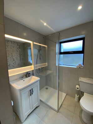 Shower, hair dryer, towels, soap