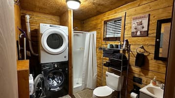 Hair dryer, towels, soap, toilet paper