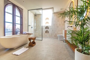 Bañera y ducha independientes, cabezal de ducha con hidromasaje