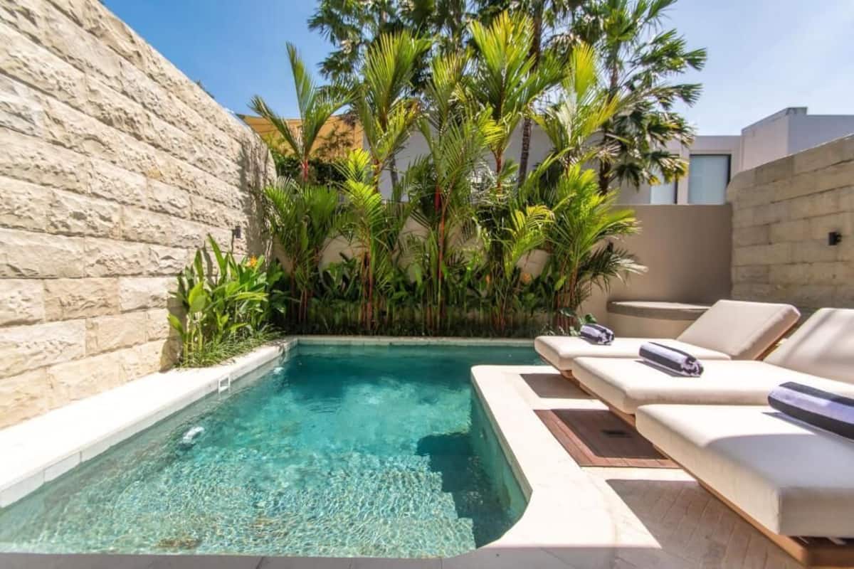 Una piscina con sillas de descanso y plantas tropicales.