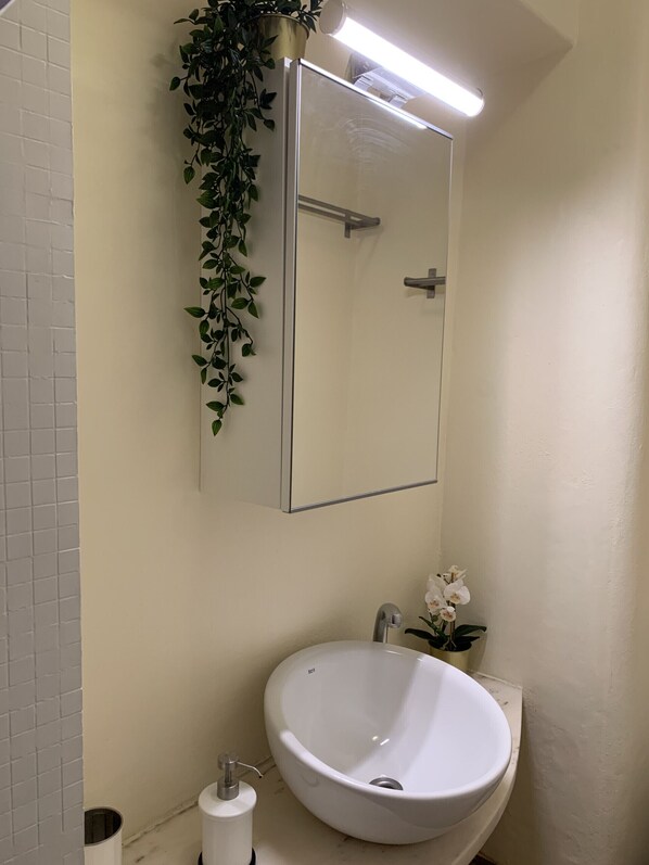 A bathroom with a white sink, a mirror, and a potted plant. - FLH Bairro Alto Central Flat with Pateo (Lisboa ciudad)