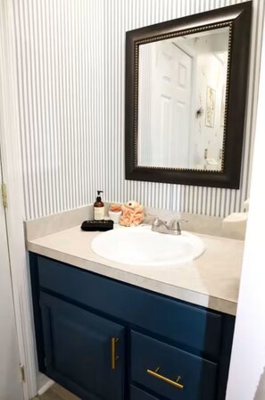 Hair dryer, towels, soap, toilet paper