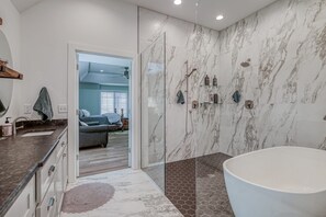 Hair dryer, towels, soap, toilet paper