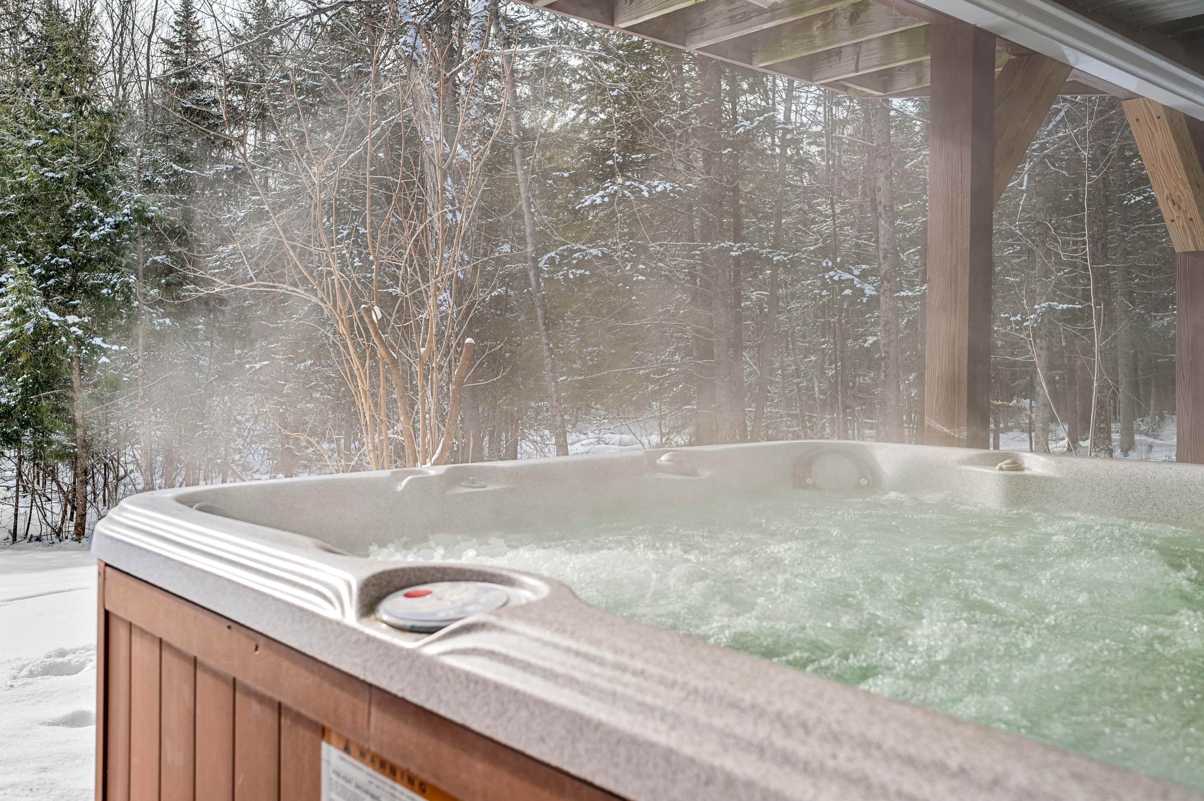 A hot tub surrounded by snow-covered trees.