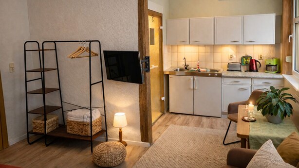 A compact living space with a kitchenette, a TV mounted on the wall, a hanging clothes rack, and a small seating area with a table and a plant. - Your idyllic guest house on the Hexenstieg in the Bode Valley (Thale)