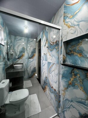 Suite Confort | Baño | Regadera, secadora de cabello, toallas, papel de baño 