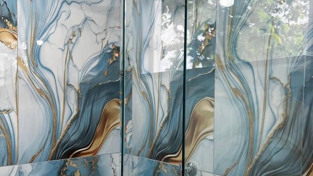 A bathroom with a glass partition and a marble backsplash with blue, white, and gold patterns. - Lar dos  Lençoís bhs (Barreirinhas)