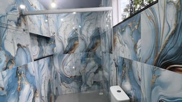 Shower, hair dryer, towels, toilet paper