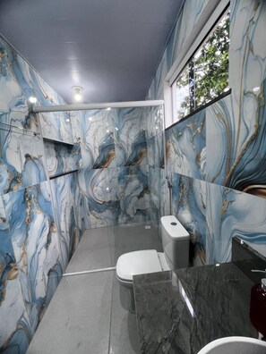 Shower, hair dryer, towels, toilet paper