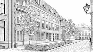 Een gedetailleerde zwart-wit architectuurtekening van een straat met gebouwen, bomen en een lantaarn.