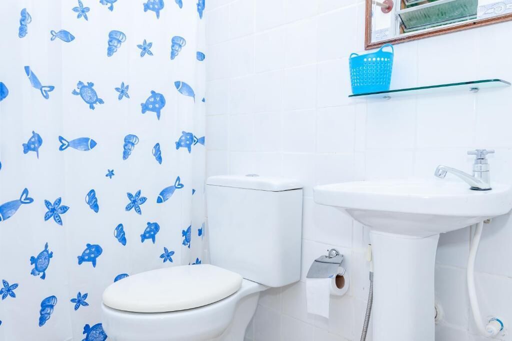 Shower, towels, soap, toilet paper