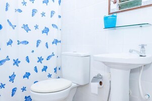 Ducha, toallas, jabón, papel higiénico