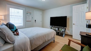 Une chambre à coucher avec un lit, un téléviseur posé sur un meuble, une porte et une fenêtre avec des stores.