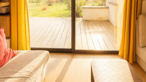 A room with a large sliding glass door leading to an outdoor deck. - KerSauvage - A peaceful house on Quiberon's Côte Sauvage (Saint-Pierre-Quiberon)