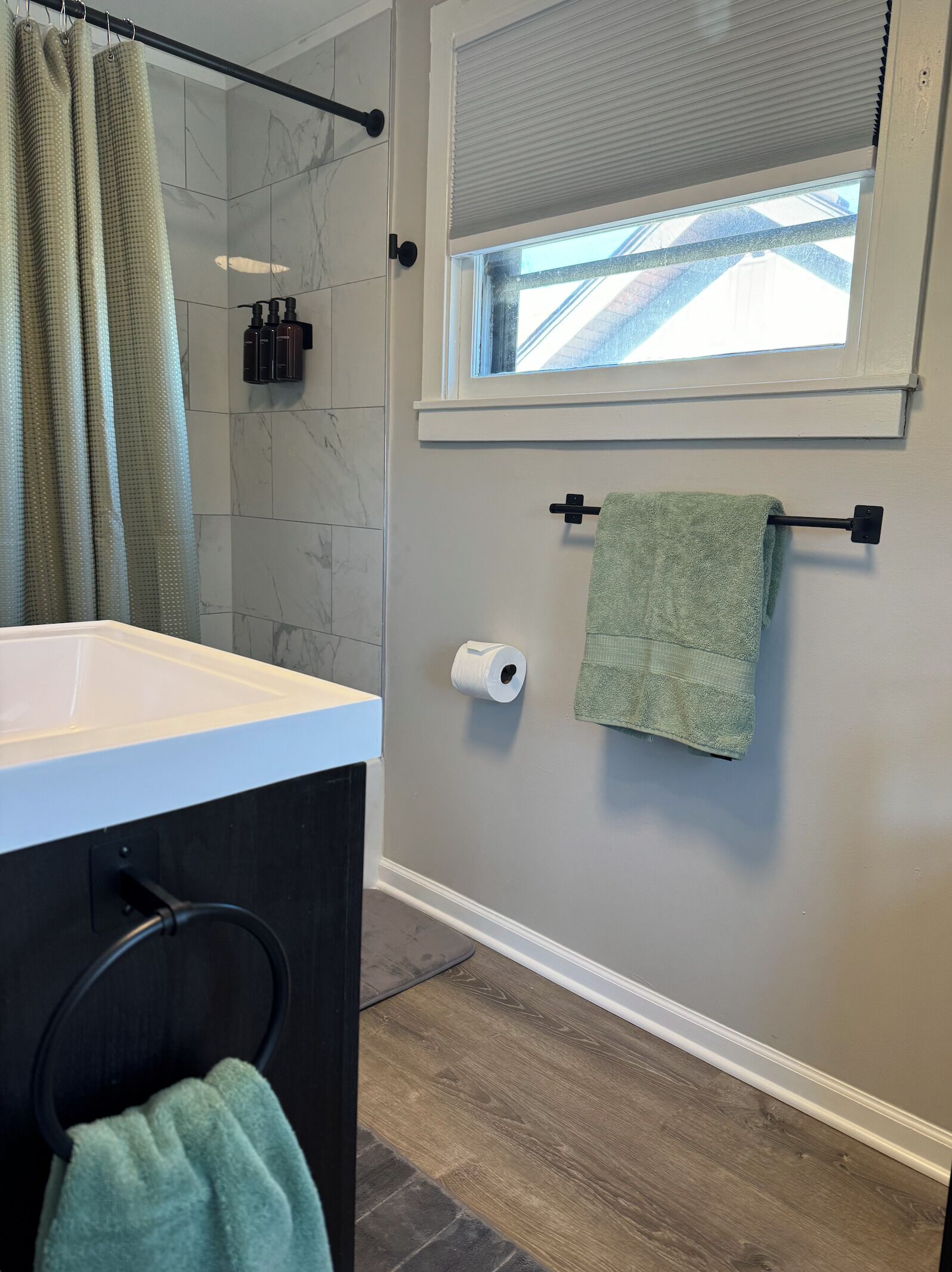 Hair dryer, towels, soap, toilet paper