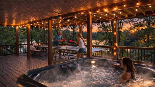 Een hottub met mensen eromheen, een houten terras en lichtslingers.