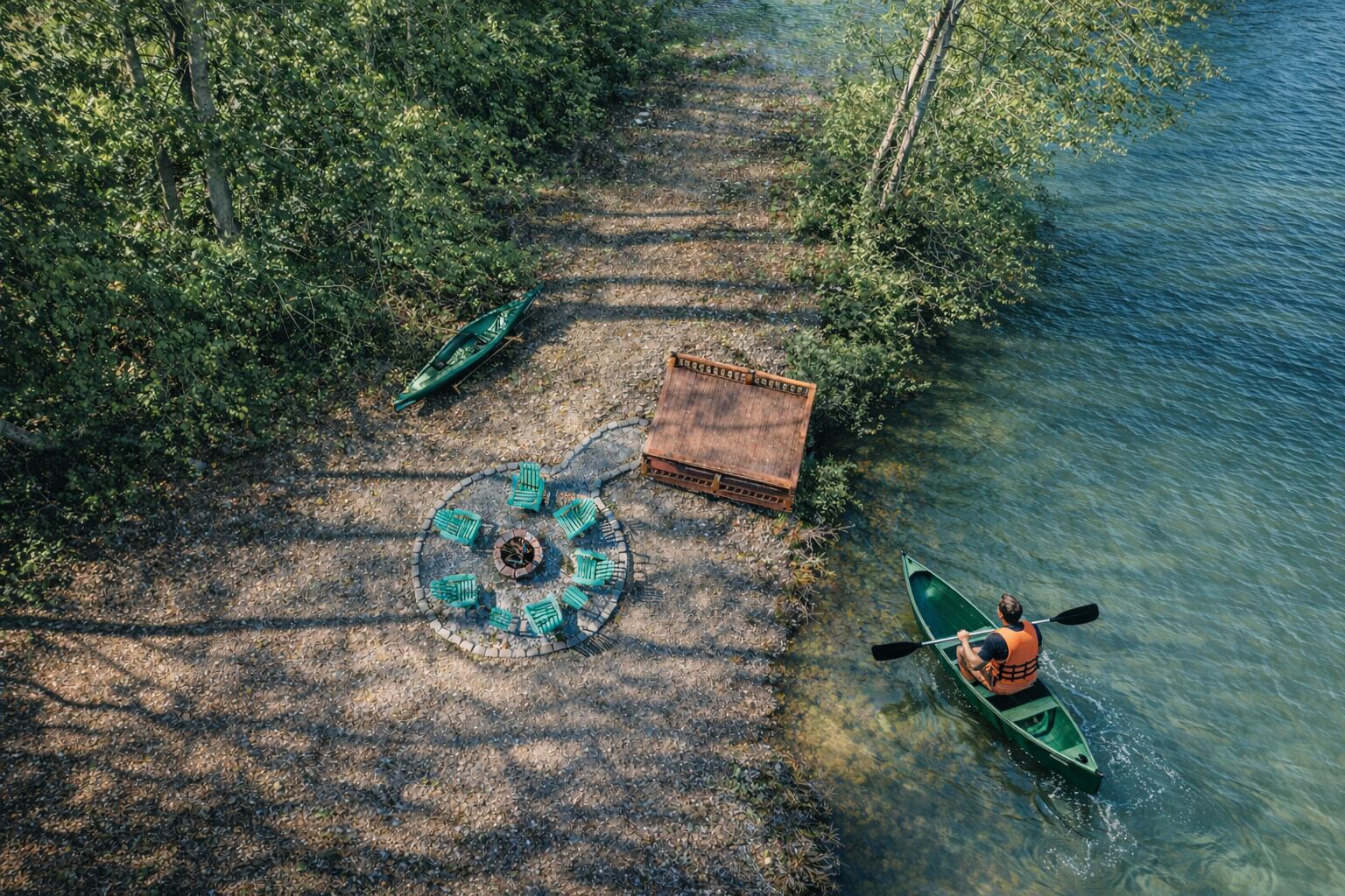 Un espace extérieur aménagé avec des sièges, un foyer, une structure en bois et un canoë au bord d’une rivière.