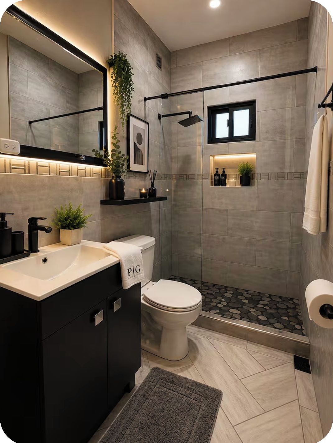 Une salle de bain moderne avec un grand miroir, des toilettes, un lavabo et un espace douche.