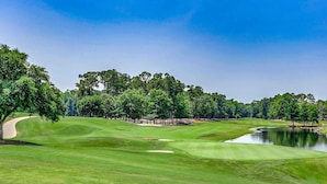 A golf course with a pond, trees, and a clear sky. - Ocean Forest Plaza 2108 (Myrtle Beach)