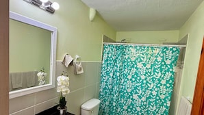 A bathroom with a sink, mirror, toilet, and shower curtain.