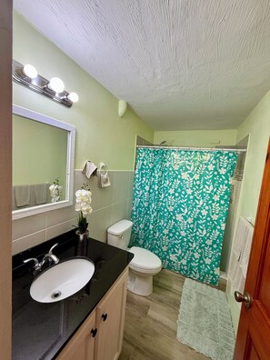 Dusj, hårføner, håndklær og såpe