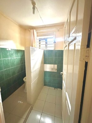 A small bathroom with a toilet, a shower, and a sink. - Hotel Mangueira (Paramaribo)